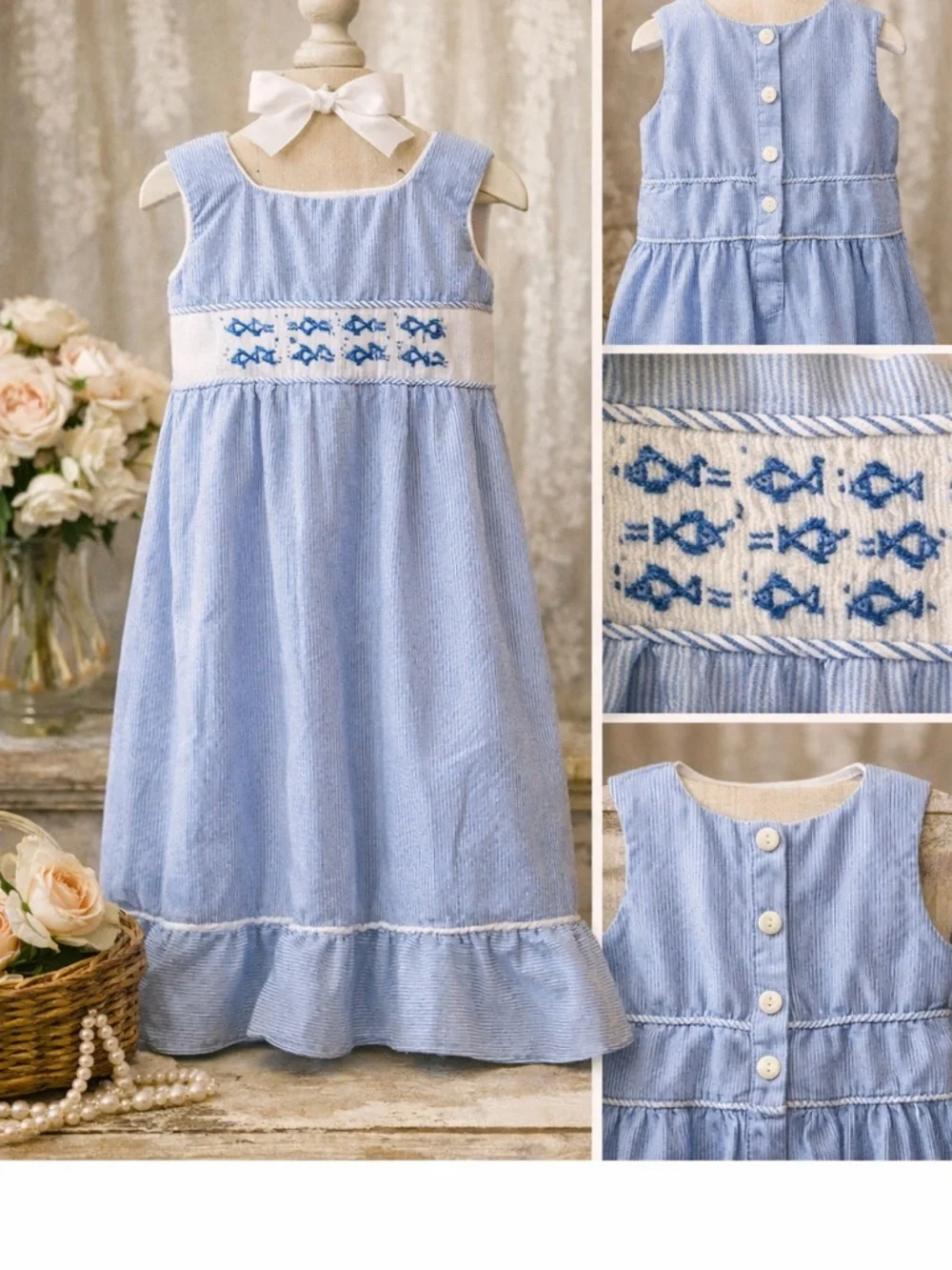 Heirloom Sweet Pea Coastal Fish Embroidered Seersucker Luxury Smocked Dress Sz 6